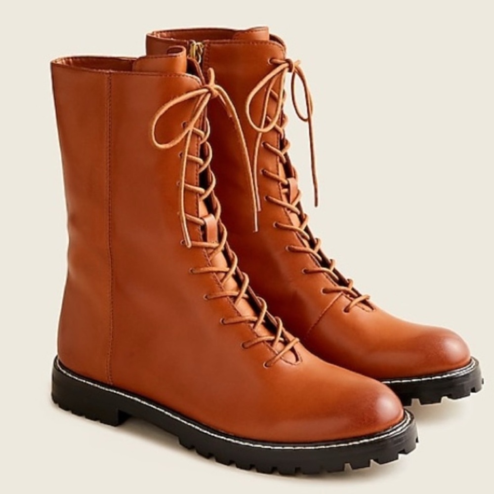 J-Crew leather boots Gwen lug-sole leather lace-up tall shaft boot size 7.5 oak